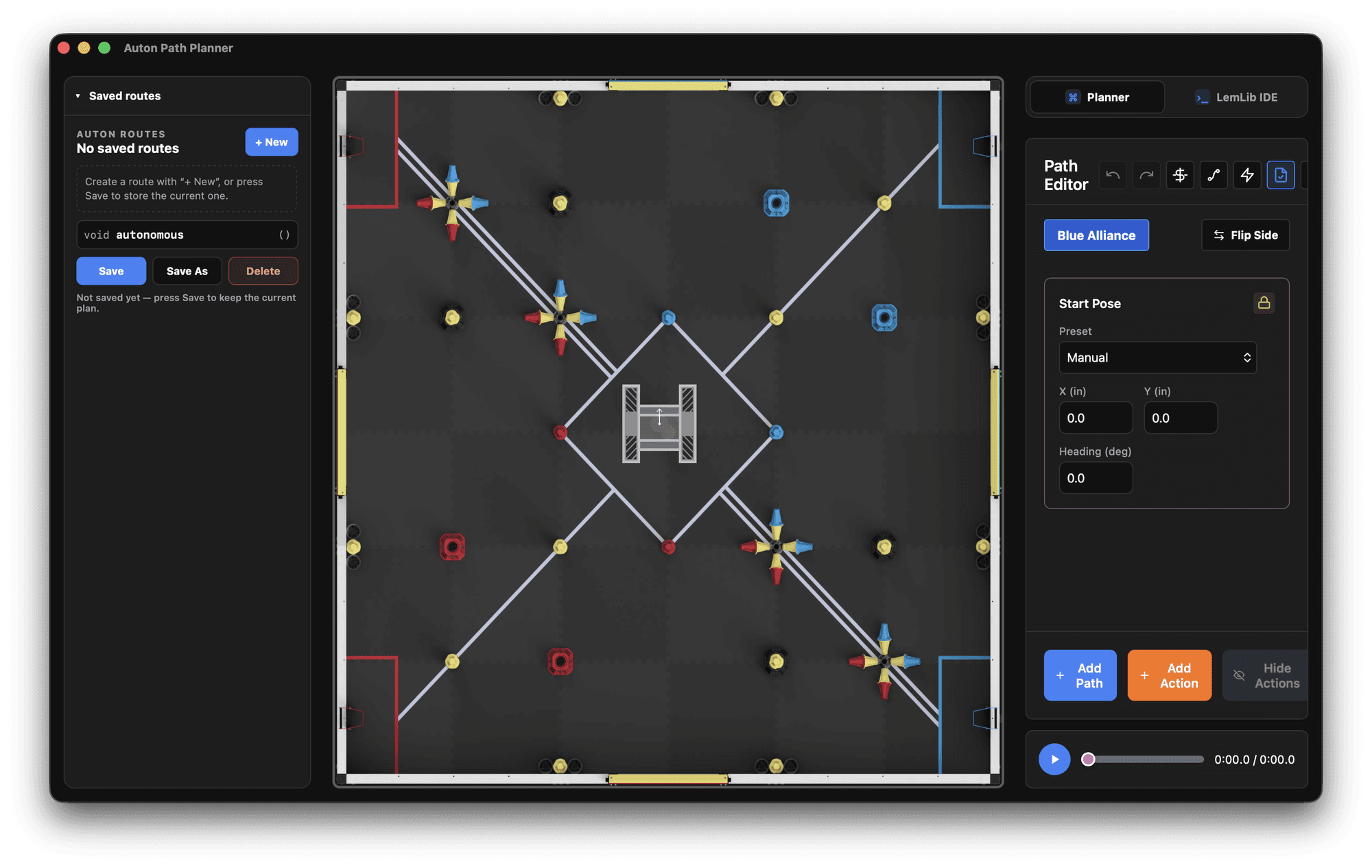 Auton Path Planner — saved routes, field canvas with waypoints, path editor, and playback controls
